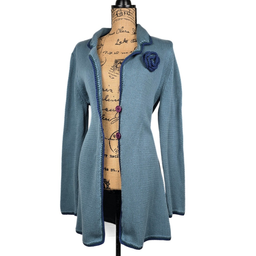 Monterey Bay Clothing Co Blue Cotton Knit Cardigan Crochet Flower Button Front M